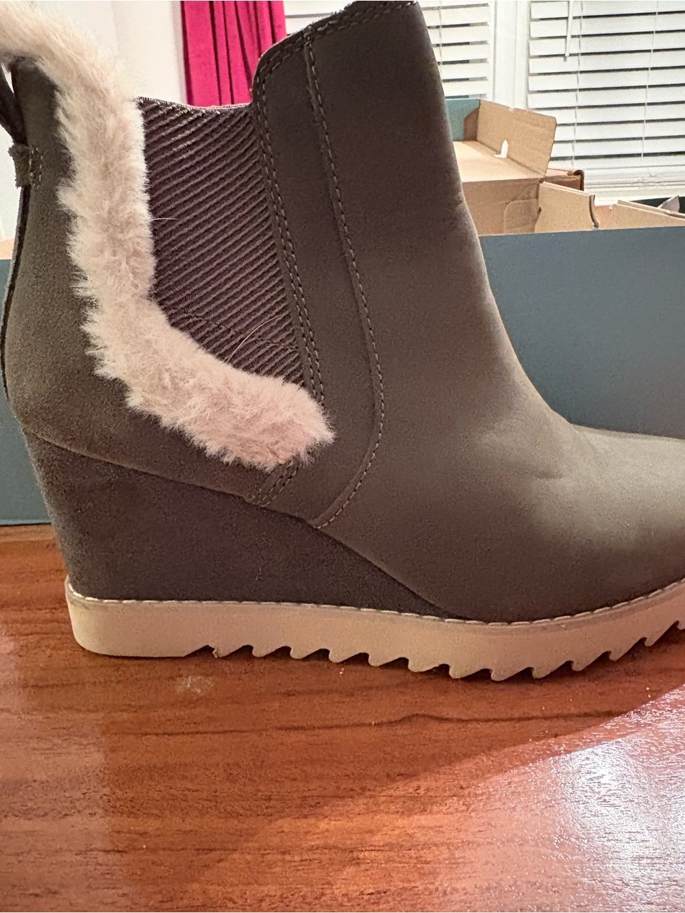 Toms Brown Wedge Ankle Boot with Faux Fur Trim